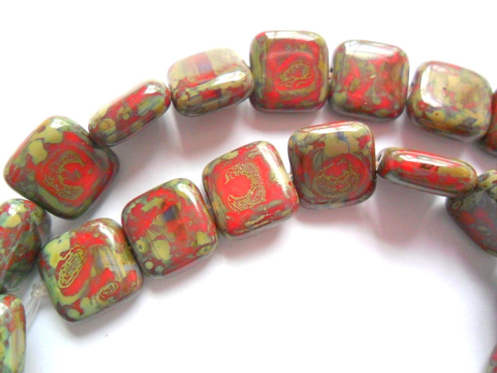 Opaque Red Picasso Czech Firepolish Glass 9mm Flat Squares