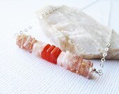 Sterling Silver Gemstone Necklace with Sparkling Sunstone, Peach Peruvian Opal, and Orange Carnelian Square Heishe Discs