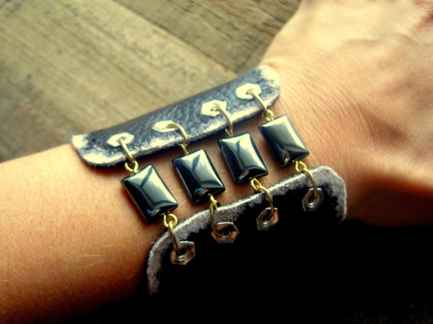 Gothic Beautiful Black Distressed and Hematite Cuff Handmade Leather Jewelry Steampunk