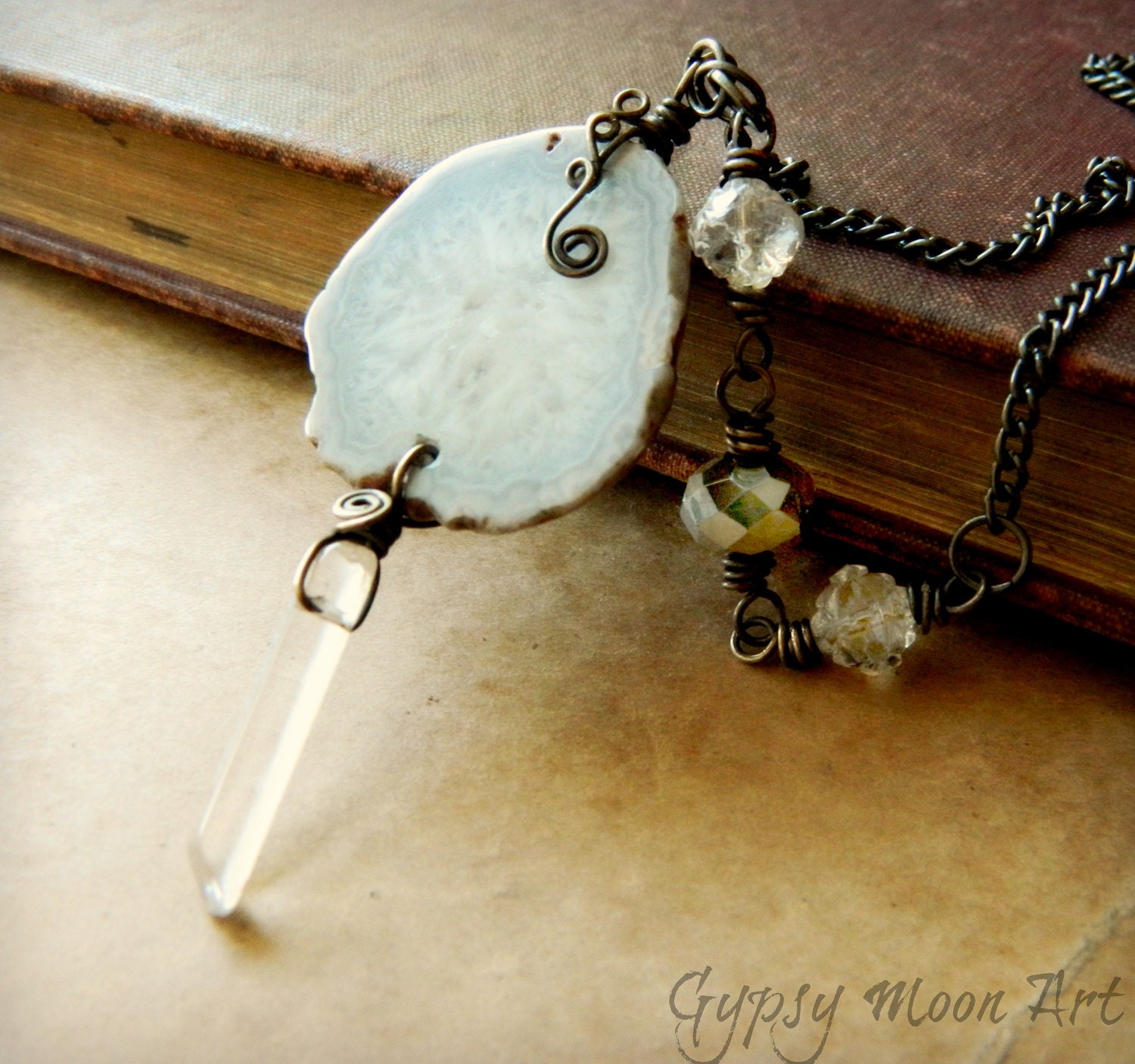 Silver Agate Necklace.  Quartz Crystal Point and Agate Long Necklace.