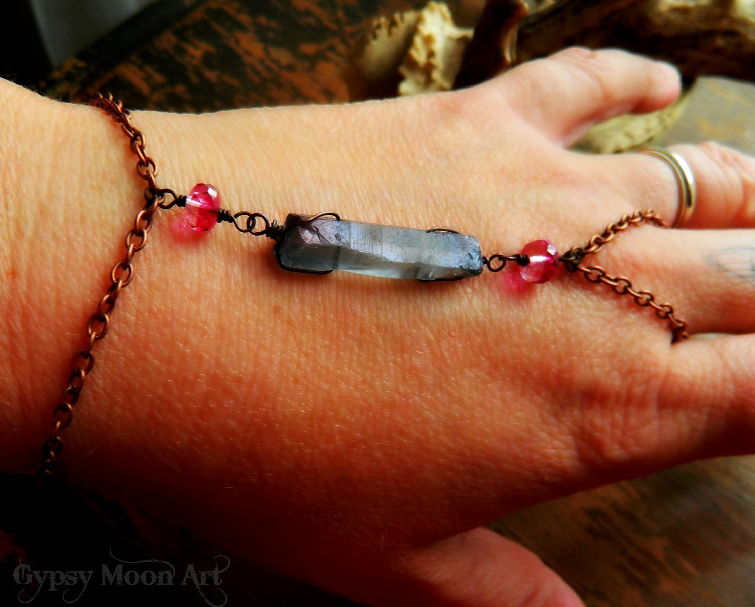 Bohemian Hand Bracelet.  Earthy Boho Mystic Quartz Slave Bracelet.