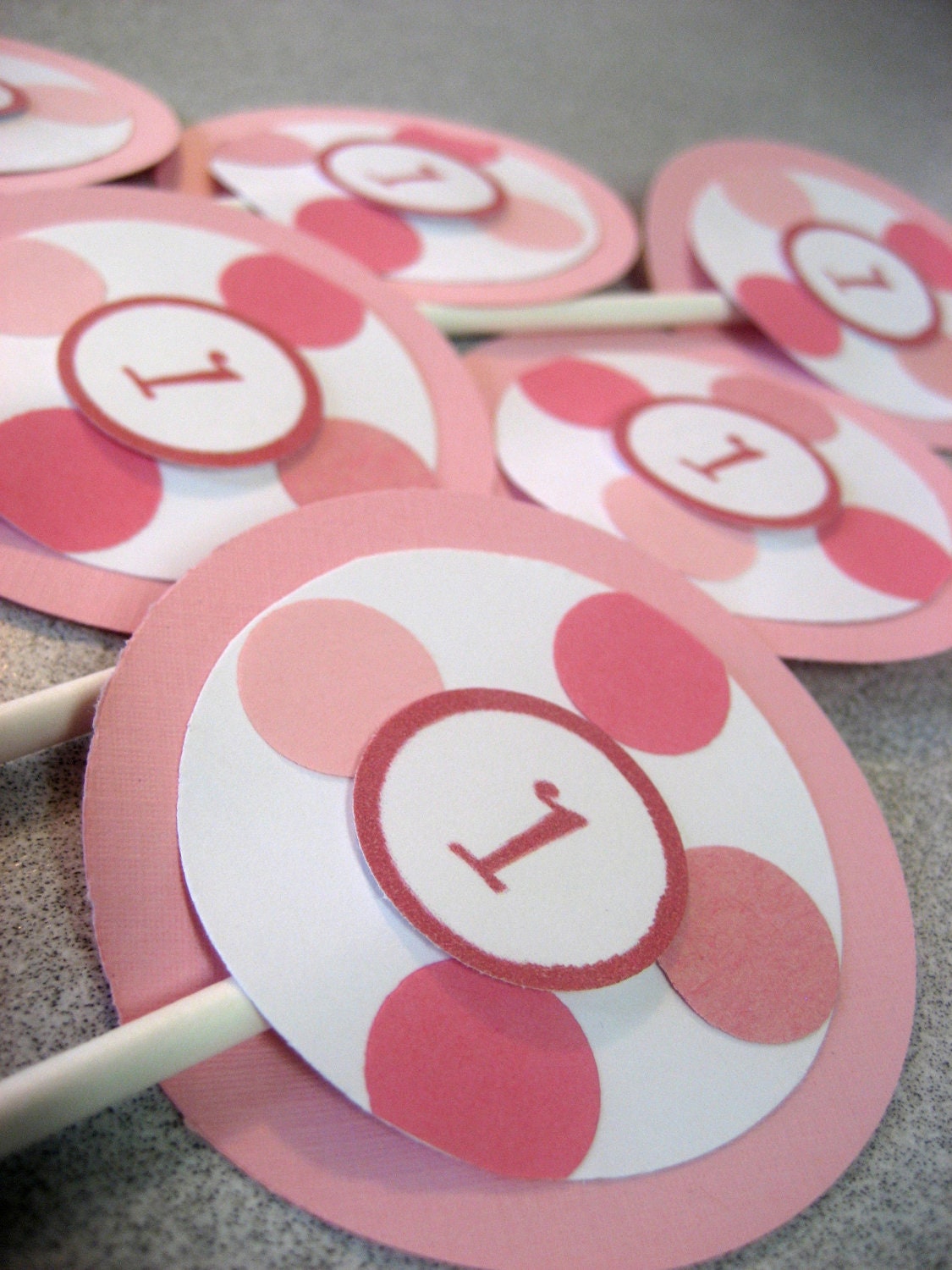 12 Cupcake Toppers - Pink Polka Dots on White - Custom Center