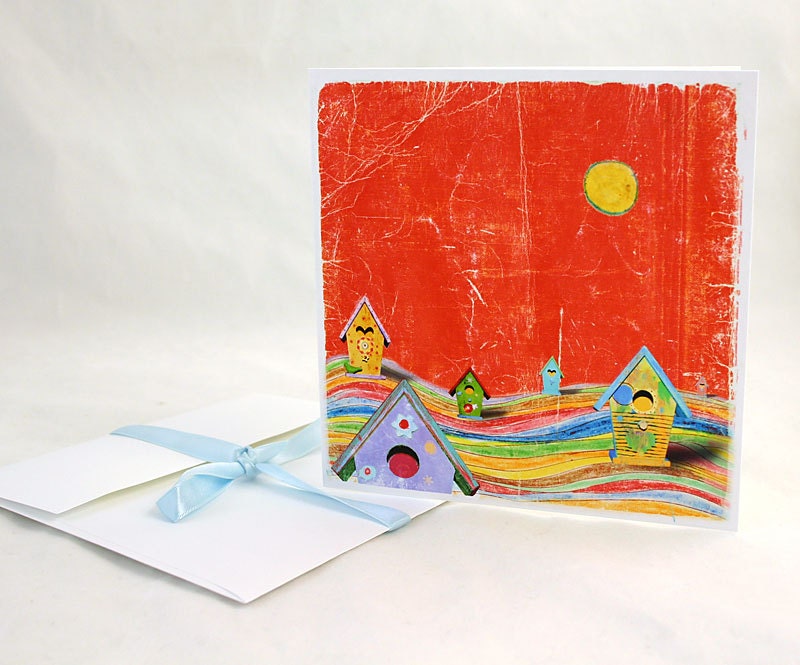 Good Night Everyone  - colorful birdhouse illustration print or note card