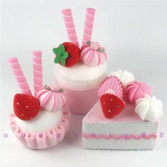 Felt Cake 3 Princess Multi-Colored Dots Strawberry Tea Party Felt Cakes - READY TO SHIP