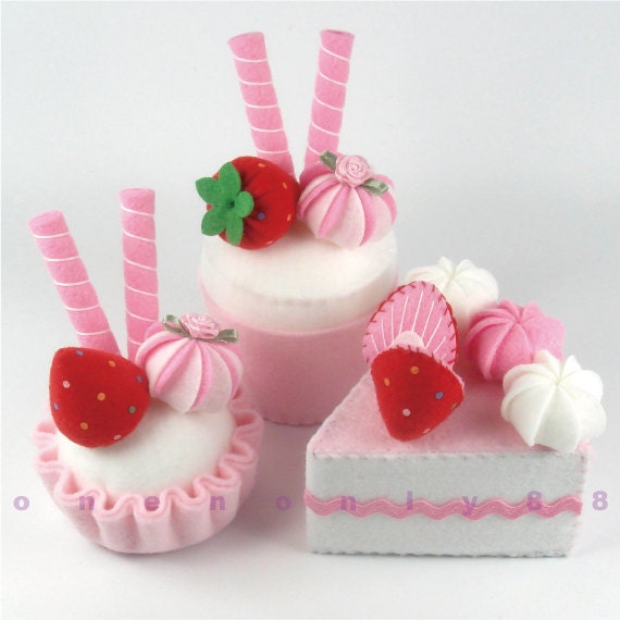 Felt Cake 3 Princess Multi-Colored Dots Strawberry Tea Party Felt Cakes - READY TO SHIP