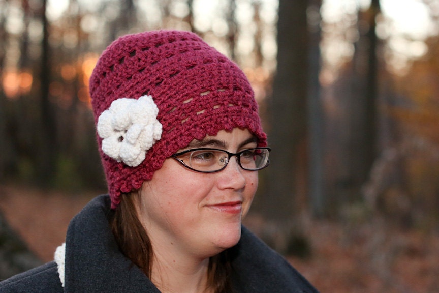 Going Out of Business Sale XL Womens Beanie - Winter Hat in Pink Hat with White Flower Crochet - Ladies Hats