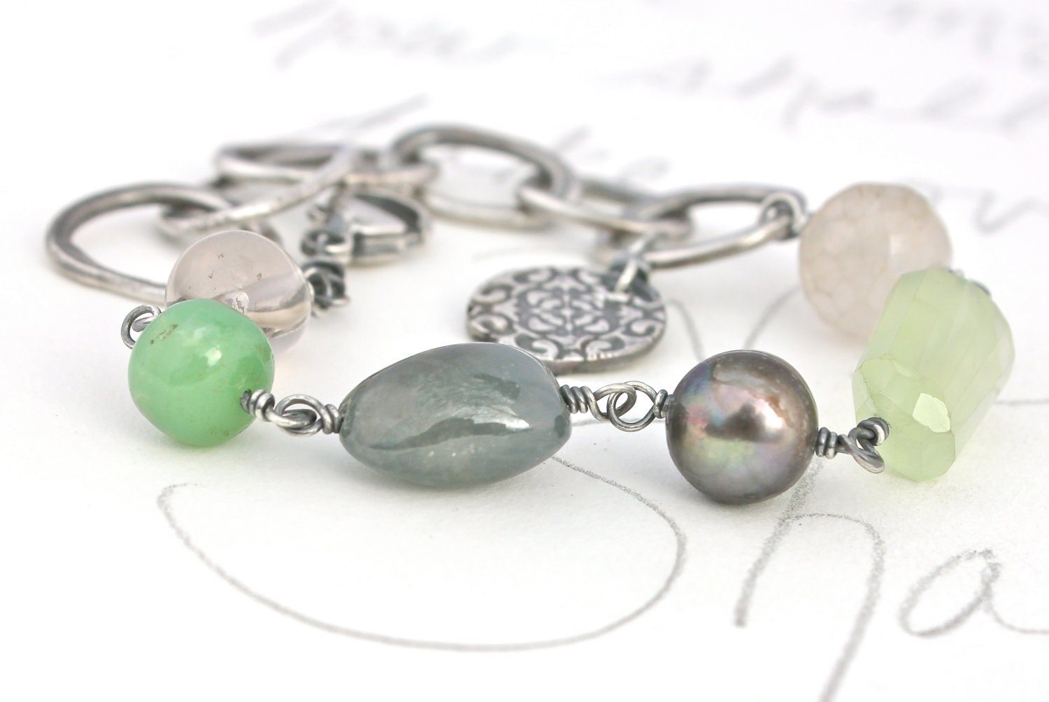 sapphire baroque pearl bracelet . sterling silver charm bracelet with gemstones by peacesofindigo . ready to ship