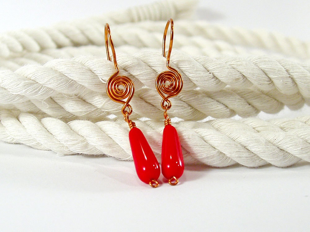 Red Drop Earrings, Copper Spiral, Artisan Jewellery