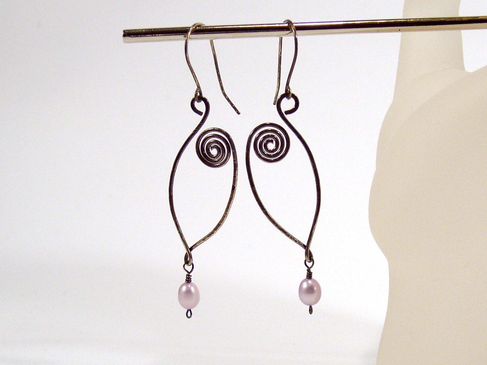 Artisan Earrings, Oxidized Silver, Lavender Pearl, Spiral Jewellery