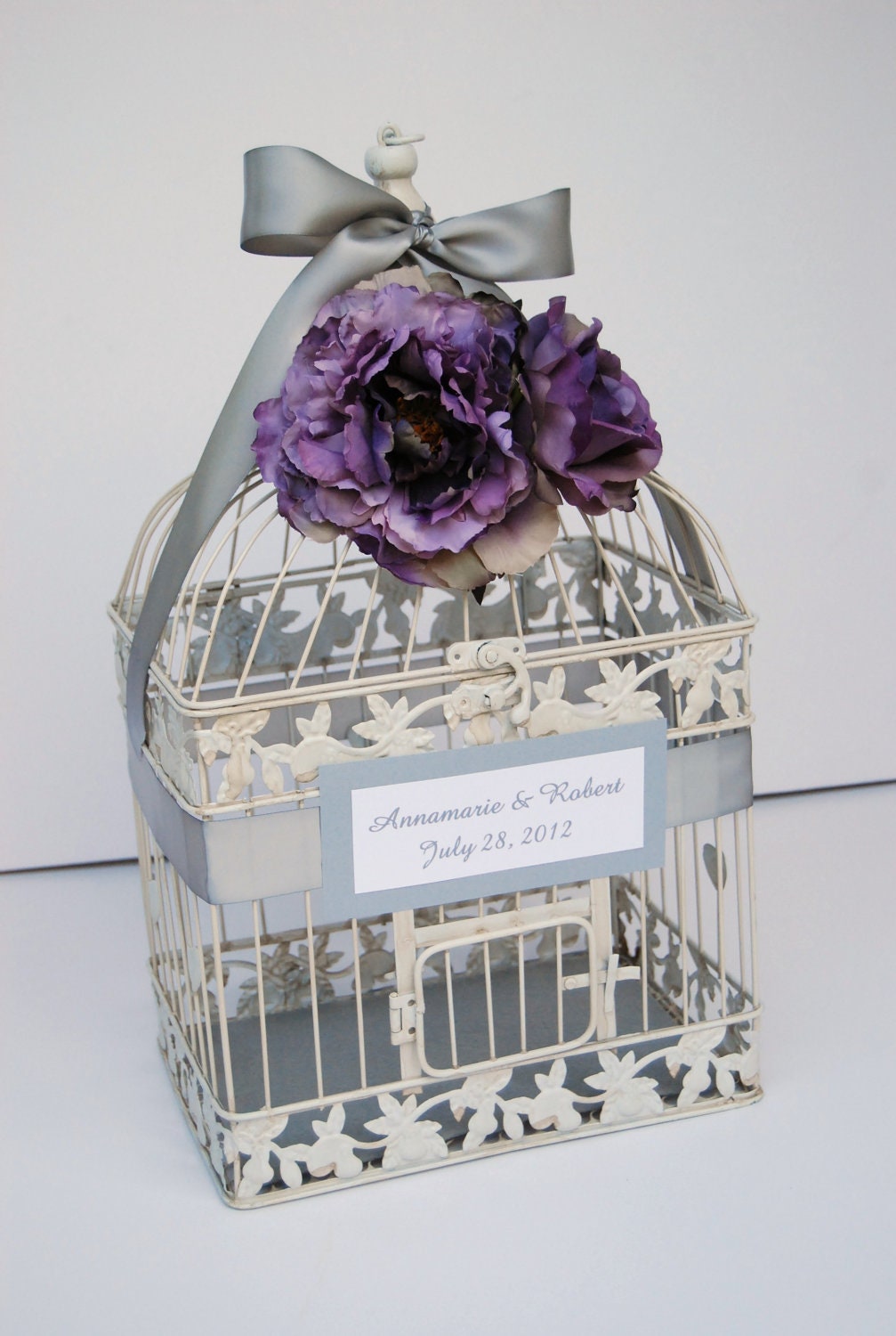 Custom Large Wedding Bird Cage Card Holder - Vintage Purple & Gray