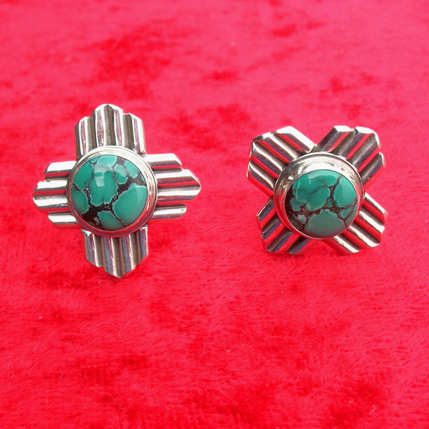New Mexico Zia Symbol Turquoise and Silver Southwestern Native Style Cuff Links CLZt