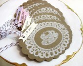 Tea Cup White Doily and Sentiment Flag Gift Tags-set of 8-tea party-hang tag-teatime-brown-white-kraft-hand stamped-handmade-oval scallop