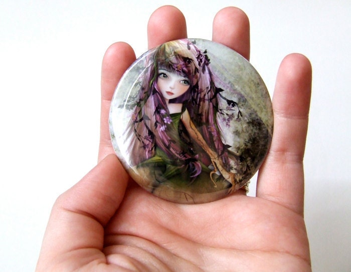 Pocket Mirror "Roots" 2 1/4" Round Compact Mirror - Woodland Fairy Nymph Purple Lavender and Green