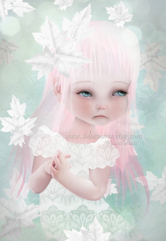 Sweet Child Little Girl 8x10 or 8.5x11 A4 Fine Art Print - "Cultivate"  - Blue and Pink - Giclee Print of Original Illustration