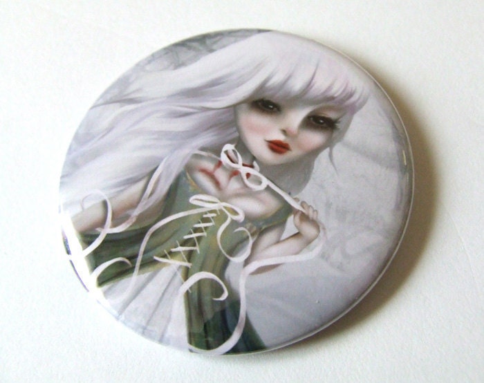 Pocket Mirror "Jeanne" Round 2 1/4 inches - Lowbrow Artwork White Hair Marie Antoinette Rococo Woman Ghost Story