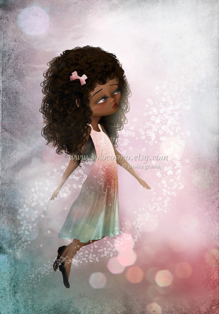Fantasy Fine Art Print African American Girl In Pinks and Greens "Surrender II" 8.5x11 or 8x10 A4 Premium Giclee Print