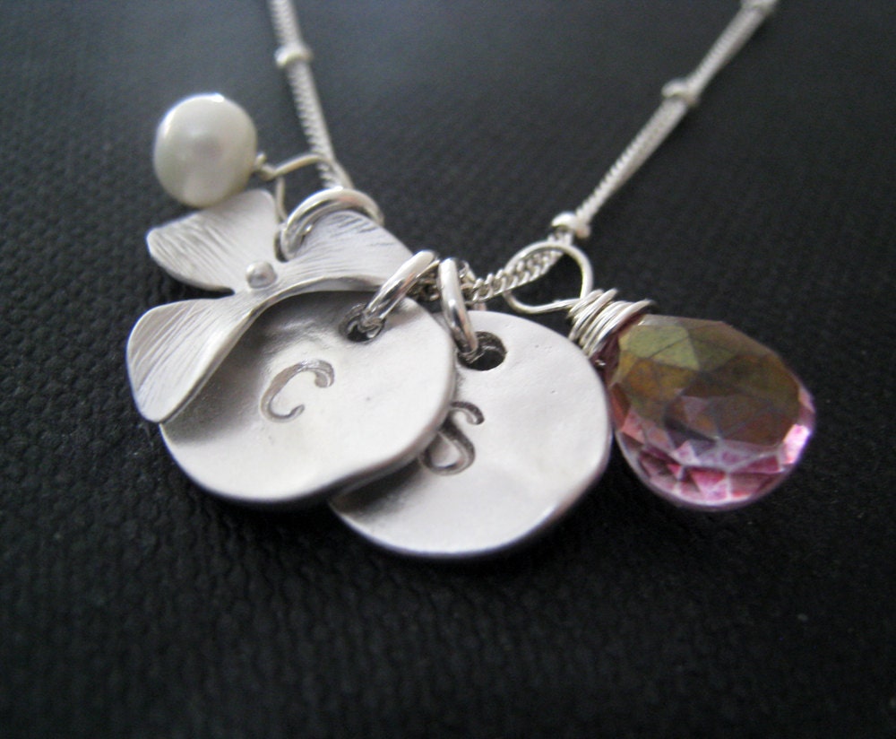 Initial orchid necklace, personalized necklace, hand stamped silver discs, friendship, family, sisters