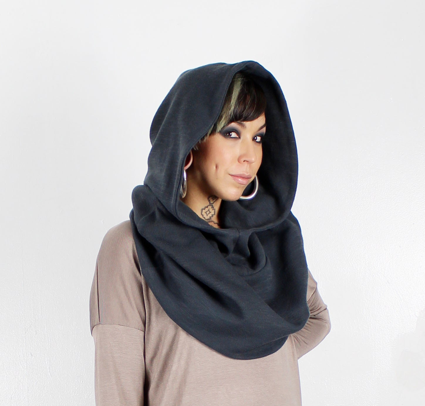 KiKI - Hooded Poncho/ Snood / Cape / Circle Hood - Dark Grey
