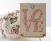 LOVE, romantic wedding decoration or wall hanging, collaged screenprint, champagne and dusty pink