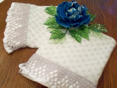 Handmade Gray Floral Pillow Cases, Lover's Knot Crocheted Lace, Neutral in Color, Modern Vintage Style
