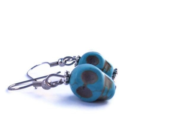 Mother's Day Sale, Turquoise Skull Earrings, Turquoise Mini Magnesite/Howlite Skull Earrings