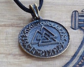 RUNIC VALKNUT Bronze Plated Double Faced Pendant Necklace on Black Cord for Northern Tradition Magic, Asatru, Odinism, Norse Witchcraft