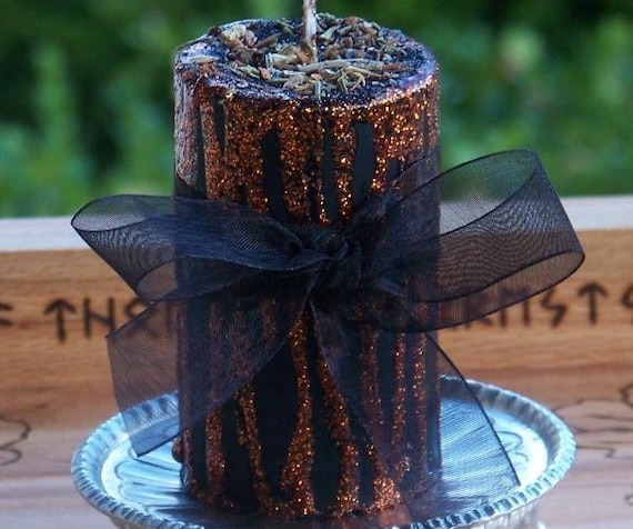 HAUNTED Wicked Witches Sparkly Orange & Black Sabbat Magick Soy Pillar Candle w/ Dragon's Blood, Samhain Herbs, Harvest Spices - ArtisanWitchcrafts