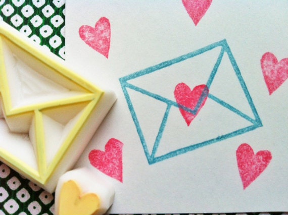 love letter rubber stamp. hand carved stamp. hand carved rubber stamp. set of 2.