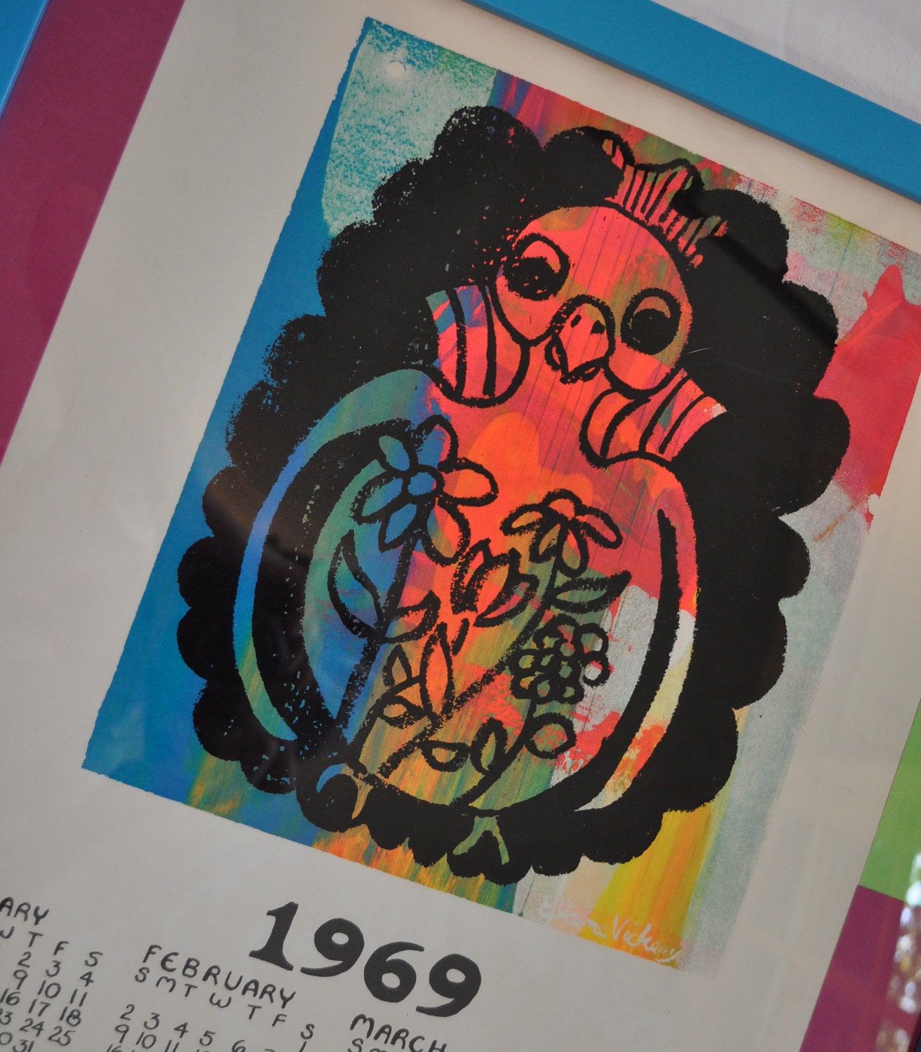 Psychedelic Sixties Vintage Silkscreen 1969 Neon Calendar Poster  Elaine Vickery