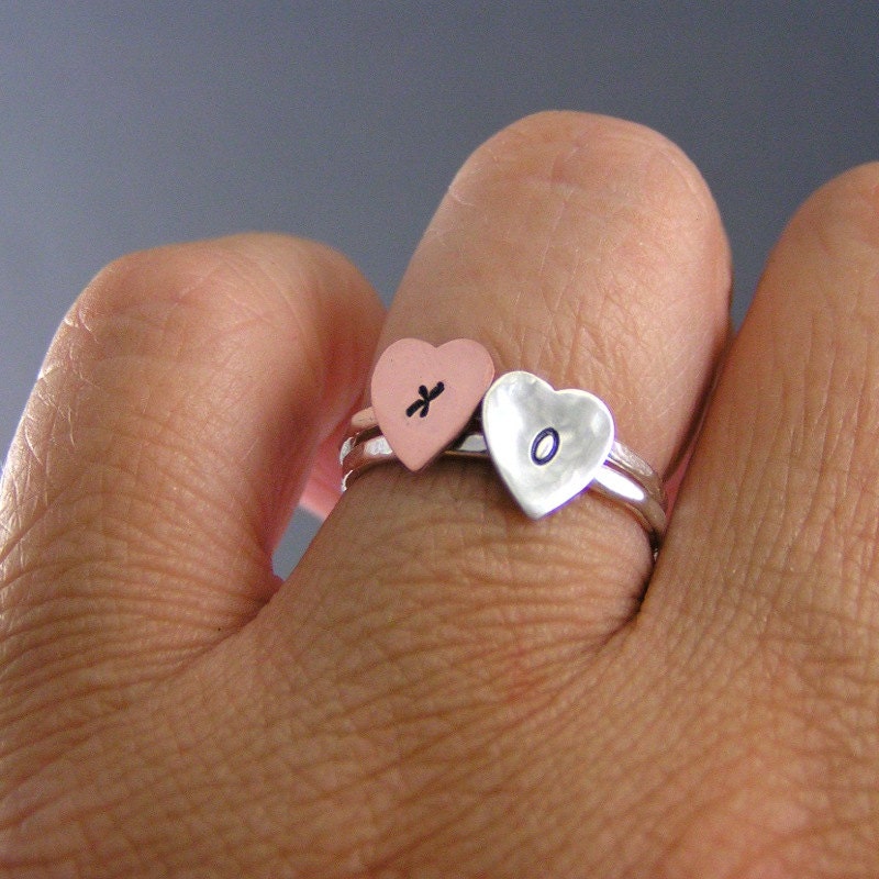 Heart Initial Rings, Sterling Silver And Copper Hammered, Set Of 2 Personalized Rings