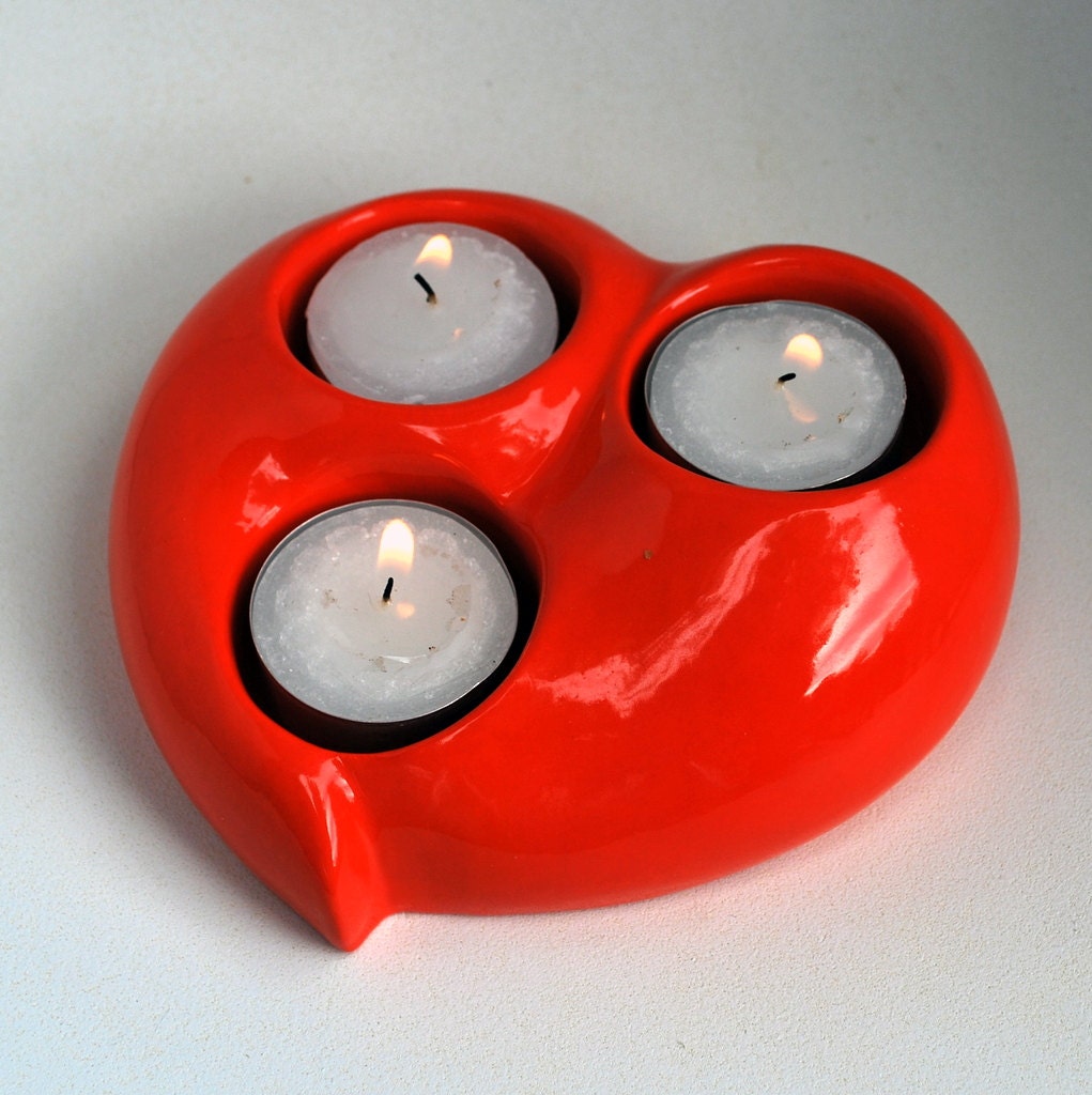 Valentines Day Gift - Ceramic Votive 3 Candle Holder - TRINITY -  Mother's Day, Orange Glaze, 5"x5"x2"