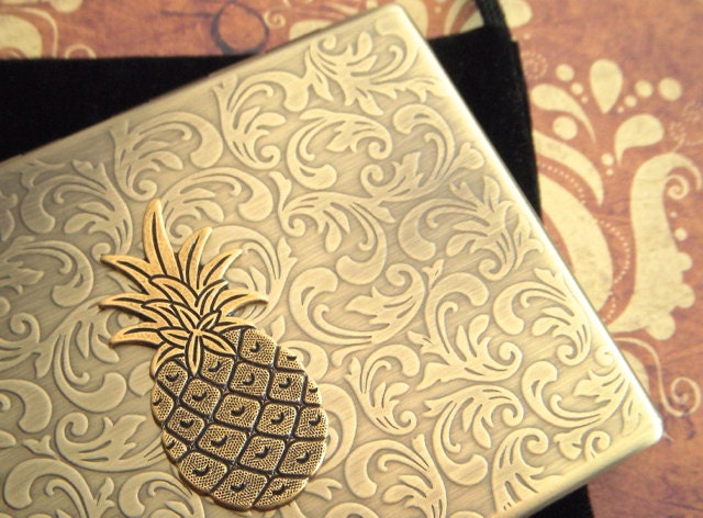 Pineapple Cigarette Case Oversized Business Card Holder Gothic Victorian Steampunk Vintage Inspired Antiqued Gold Brass Tone Metal Wallet