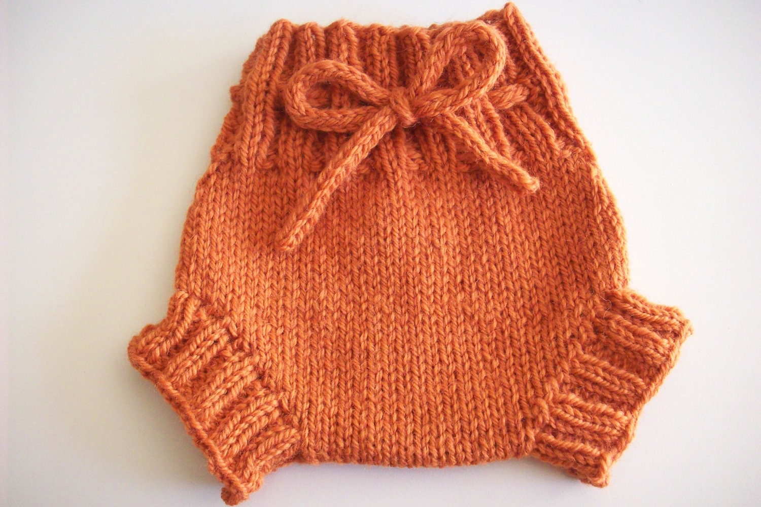 Wool Cloth Diaper Cover - Newborn Baby Handknit Orange Wool Soaker or Shorties with Knit Drawstring