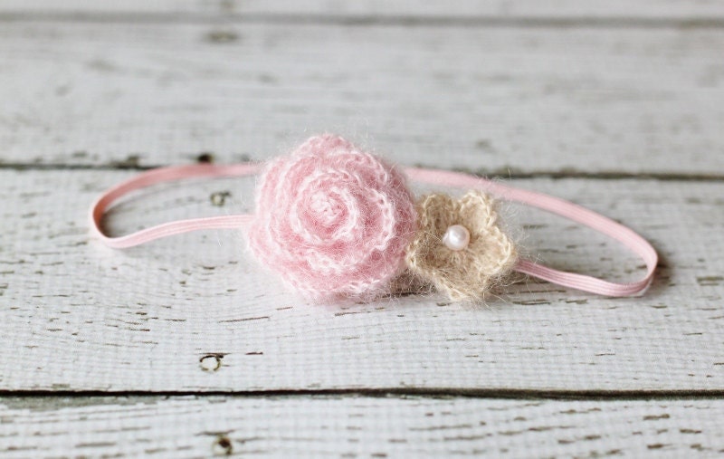 Newborn Photo Prop Headband - Mohair and Silk - Photography Prop - Crochet Flower Headband - Child Toddler Baby Girl - Blush Oat Pink Tan