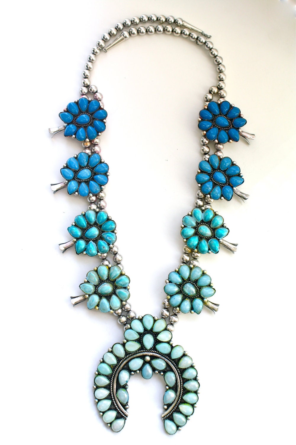 Ombre Squash Blossom Necklace- Hand Cast Sterling Silver and Hand Dyed Swarovski Cabochon Crystal (Blues)