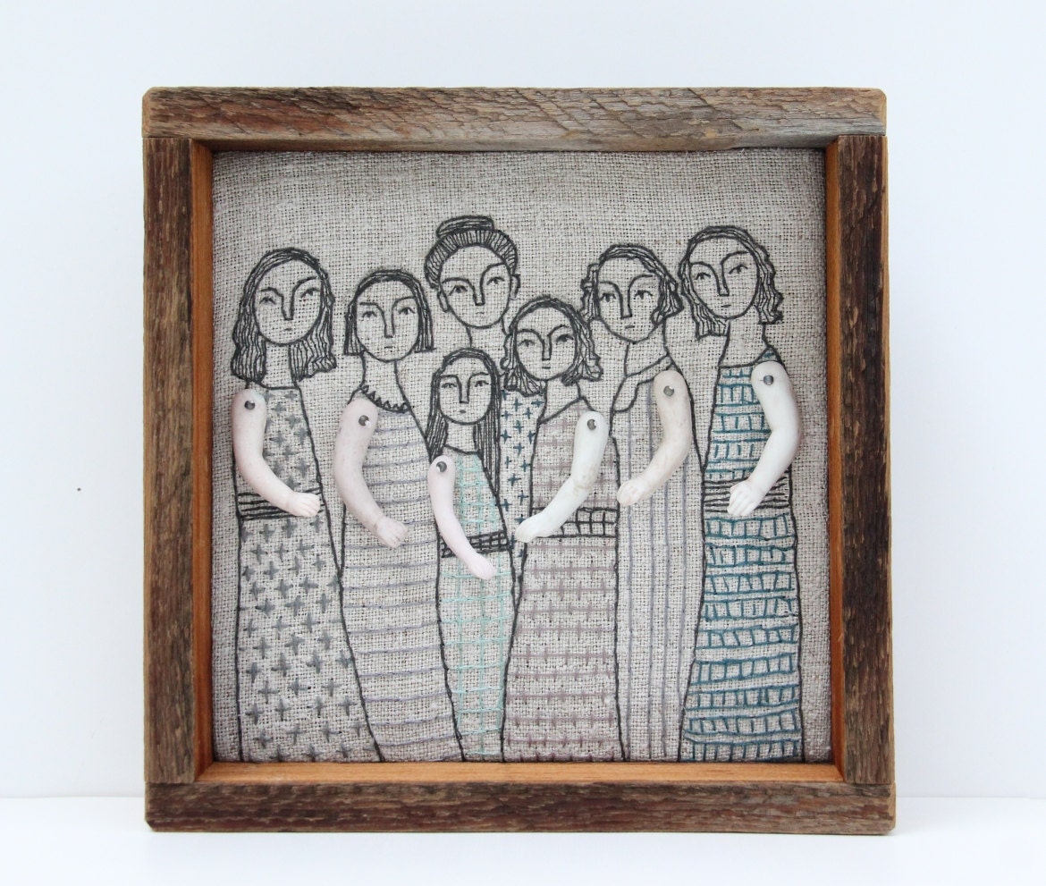 hand embroidery art- mama and her girls textile art fiber art