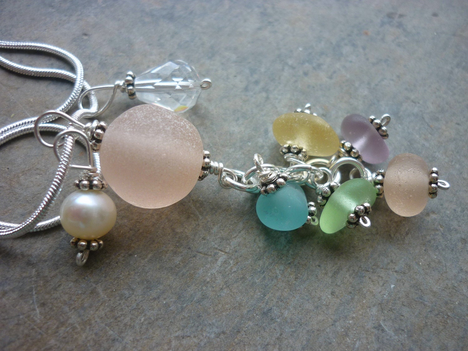 Sea Glass Necklace - Pink Marble Aqua Yellow Beach Seaglass