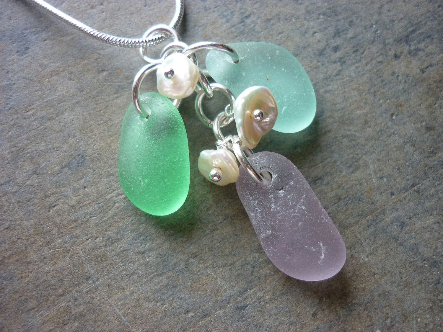 Aqua Sea Glass Necklace -  Seaglass Pendant in Purple Beach Glass