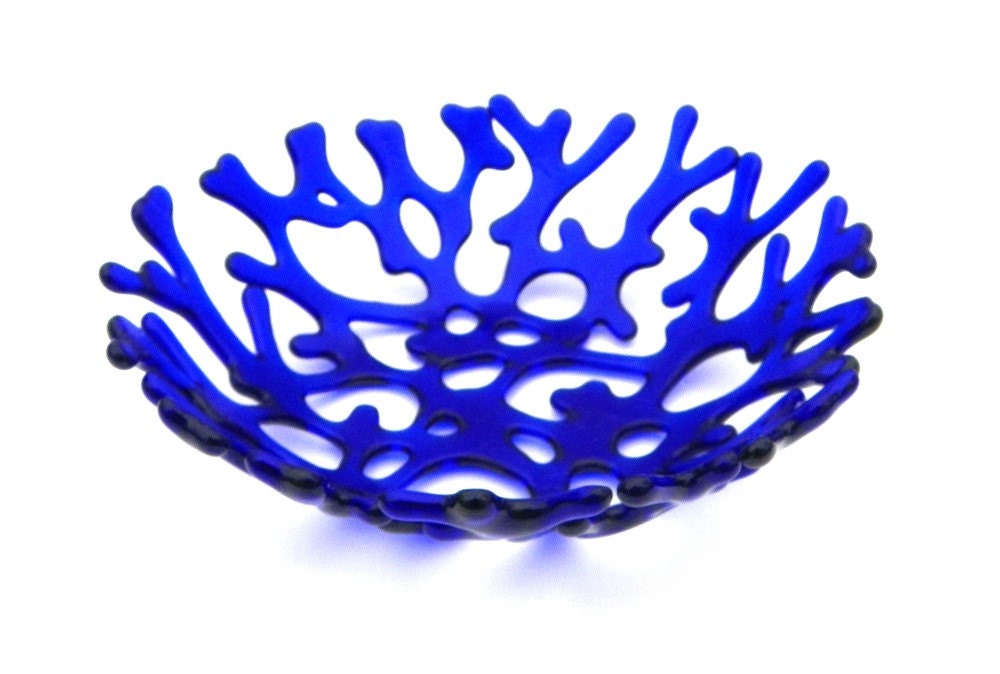 Cobalt Blue Ocean Beach Sea Coral Art Glass Bowl