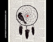 Dictionary print DREAMCATCHER art original collage on book page art print red heart love raven crow 8x10