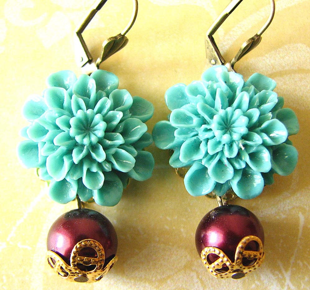 Flower Earrings Turquoise Jewelry Dangle Earrings Pearl Jewelry Ruby Earrings