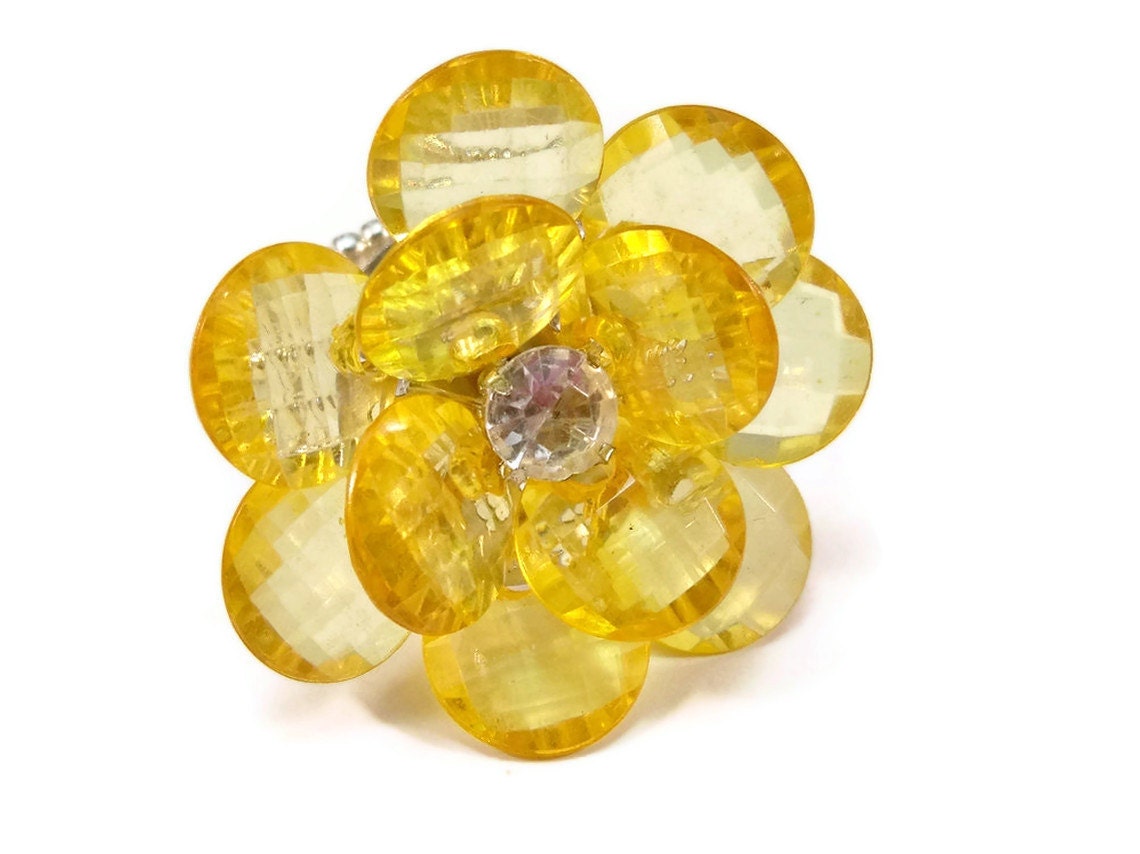 Large Yellow Flower Cocktail Ring Yellow Gold Acrylic Stretch Band