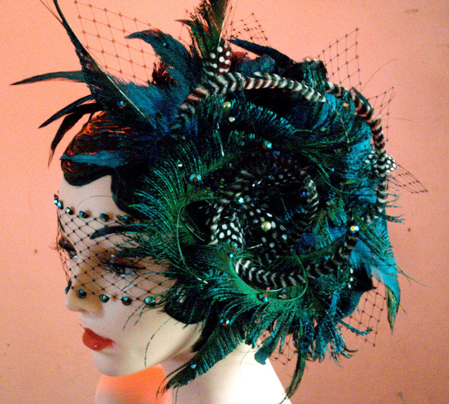 Ultra Peacock Feather Headpiece & Jeweled Netting Mask Set - by Moonshine Baby