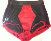 Red & Black High Waist Knickers Panty Vintage Style Lingerie Silk Lace