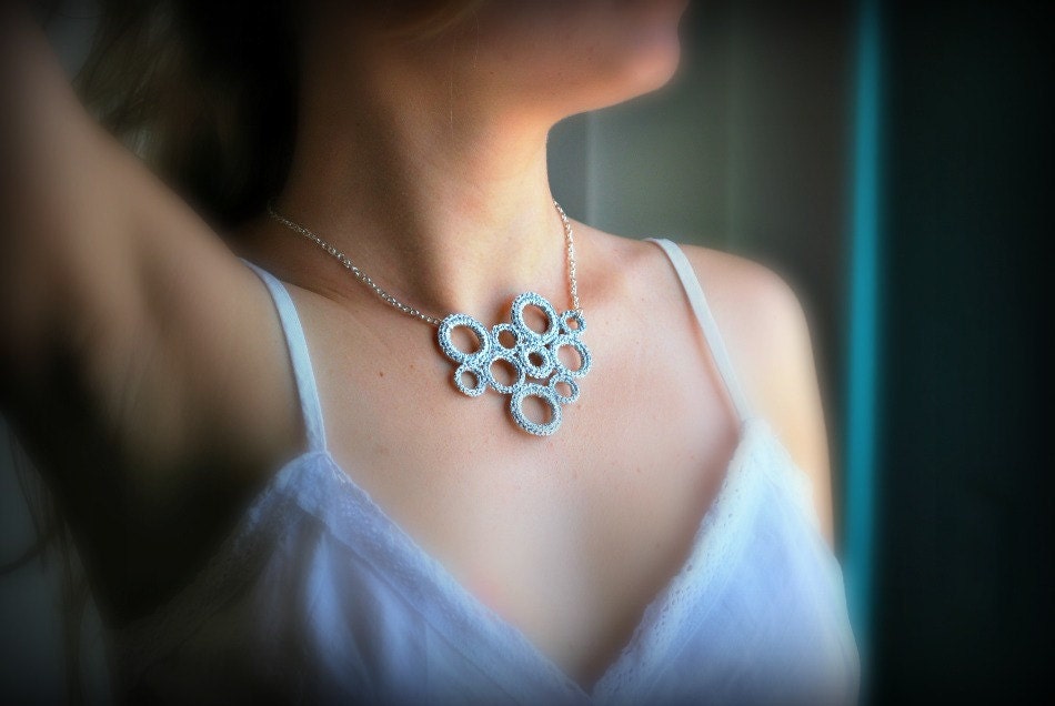 Metallic Silver Crochet Necklace. Cluster. Bubbles