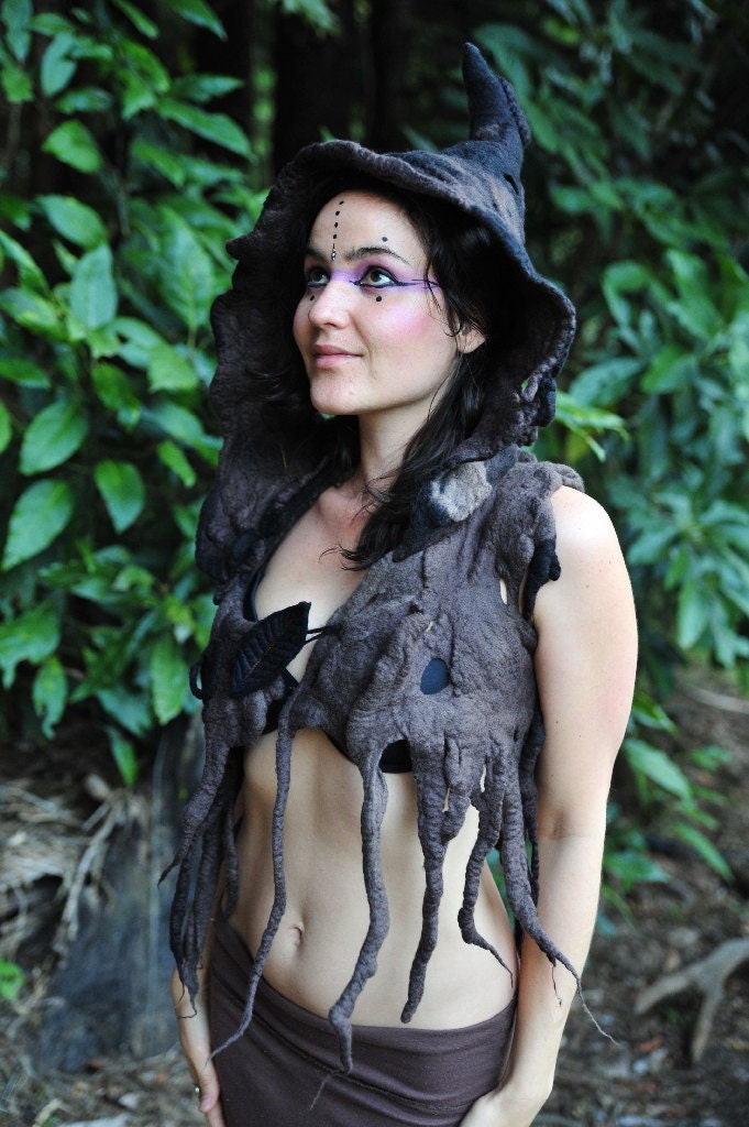 Felt Melted Tree Roots Woodland Nymph Warrior Princess Of The Dark Woods Vest With Pixie Hood OOAK