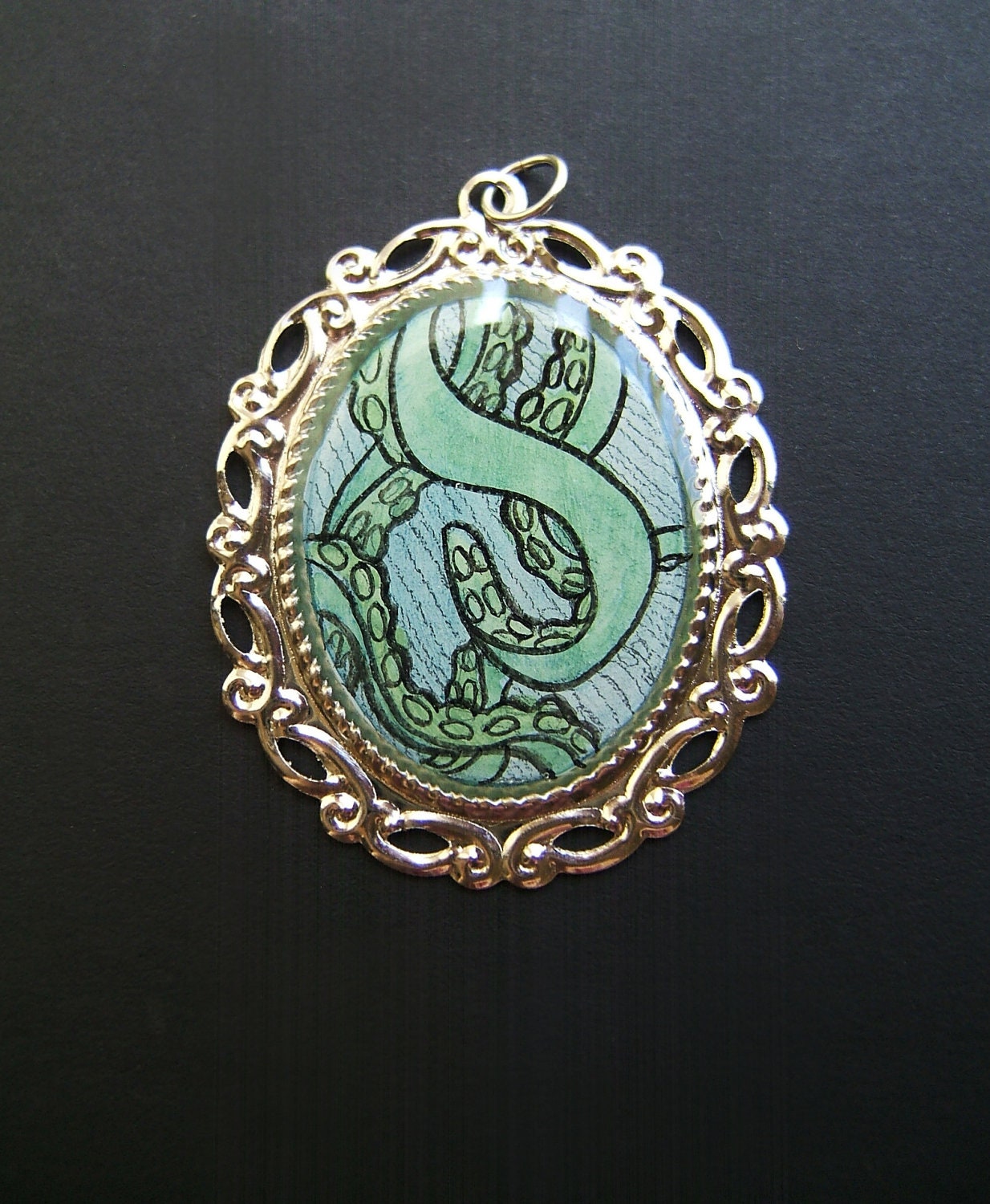 TENTACLES FOREVER Green Teal 30 x 40 mm Hand Painted Necklace