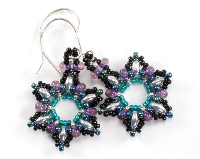 Metallic Silver and Teal Snowflake Beaded Earrings