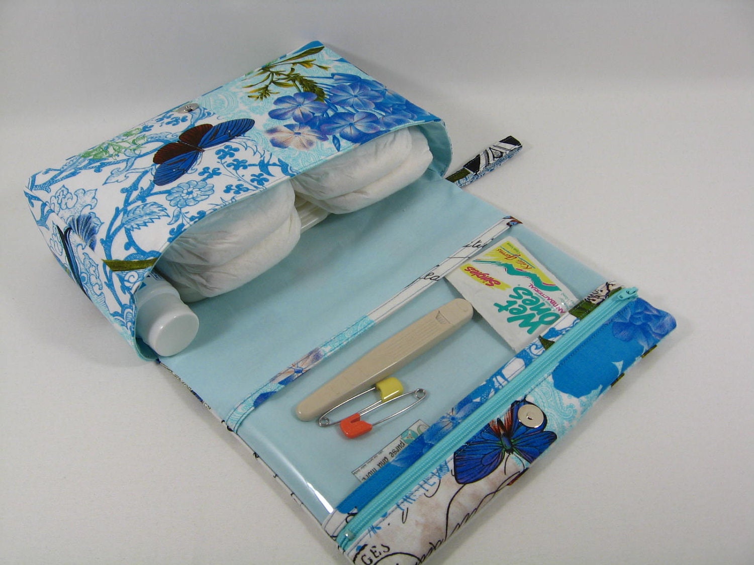 Diaper Clutch with clear zipper pouch-- "Bleu Paris Blue" French Journal Collection