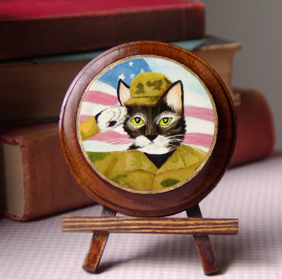 Grey Tabby Cat Army Soldier Wooden Plaque, Wall Hanging, Home Decor